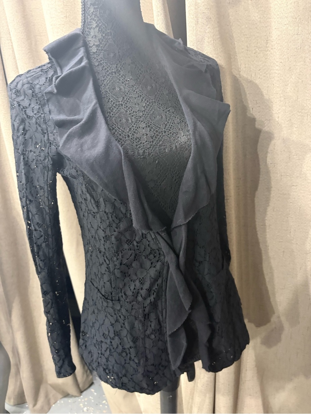 Free People Vintage Jacket Top Black cotton Lace Ruffle Trim Whimsigoth Y2K Sz S
